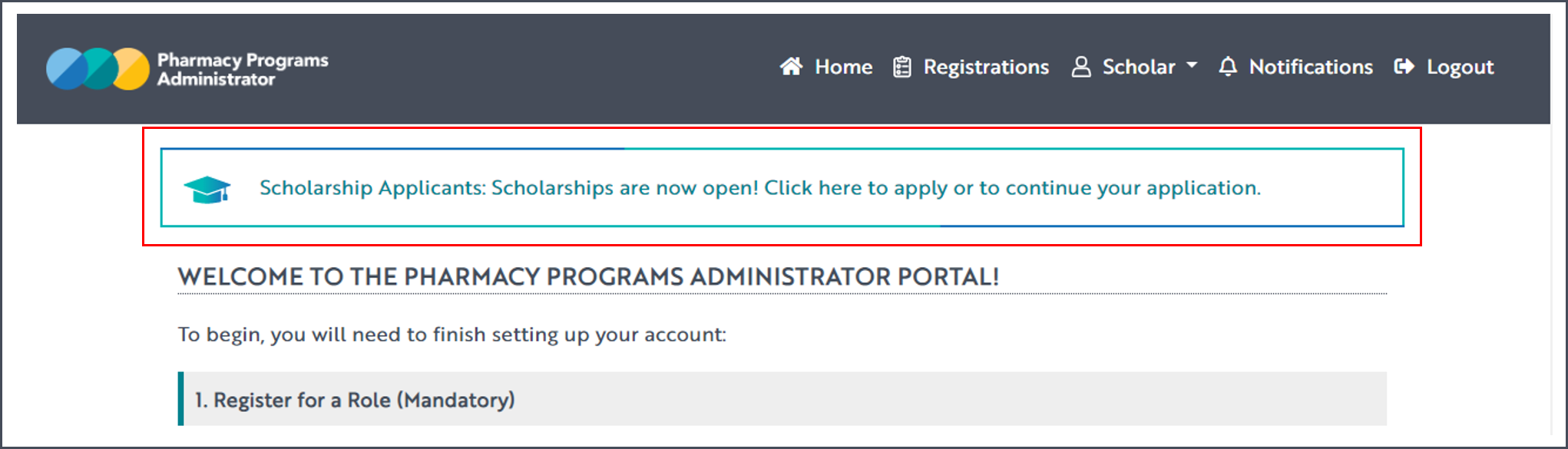 A screenshot of the PPA home screen, with the Scholarships application link at the top of the page highlighted with a red box